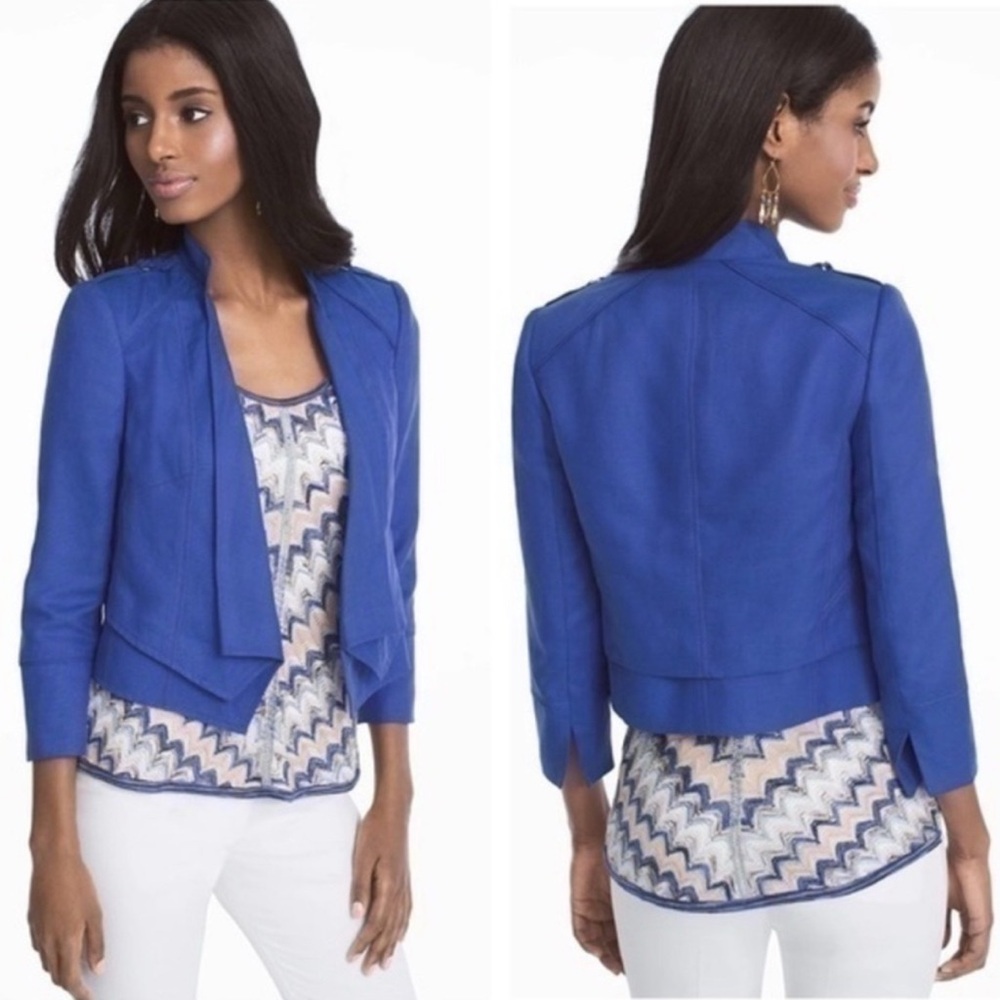 WHBM periwinkle linen jacket, stitch/buckle detail